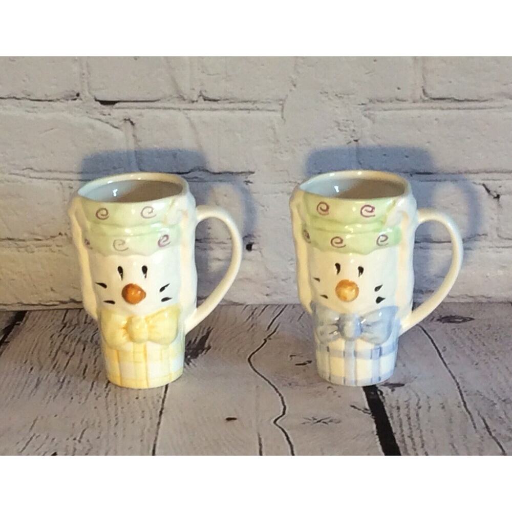 Bunny Rabbit Ceramic Coffee Mug 5 1/2" tall Set Of 2 Yellow Blue Spring Easter